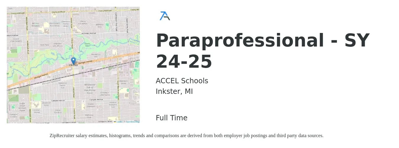 ACCEL Schools job posting for a Paraprofessional - SY 24-25 in Inkster, MI with a salary of $14 to $18 Hourly with a map of Inkster location.