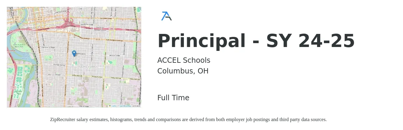 ACCEL Schools job posting for a Principal - SY 24-25 in Columbus, OH with a salary of $72,000 to $114,900 Yearly with a map of Columbus location.