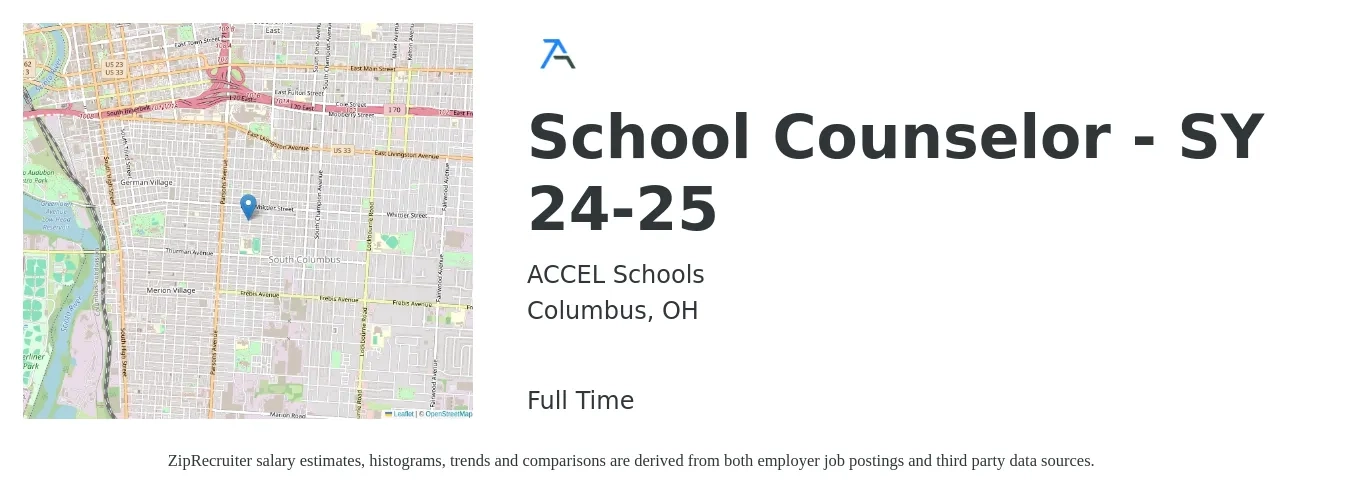 ACCEL Schools job posting for a School Counselor - SY 24-25 in Columbus, OH with a salary of $46,400 to $67,100 Yearly with a map of Columbus location.