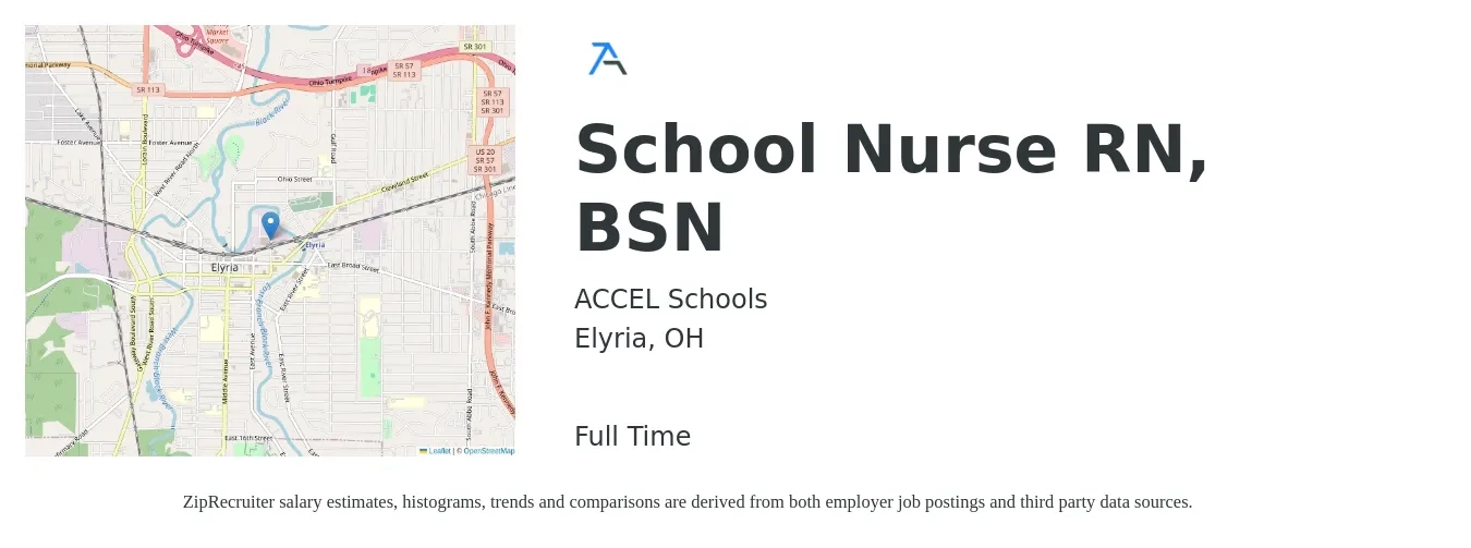 ACCEL Schools job posting for a School Nurse RN, BSN in Elyria, OH with a salary of $24 to $36 Hourly with a map of Elyria location.