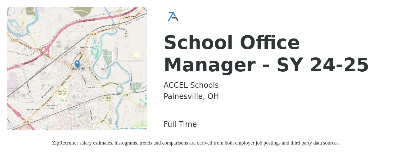 ACCEL Schools job posting for a School Office Manager - SY 24-25 in Painesville, OH with a salary of $19 to $26 Hourly with a map of Painesville location.