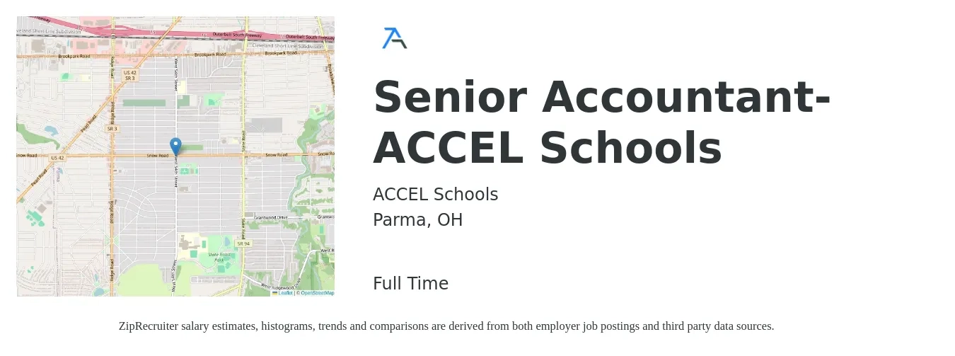 ACCEL Schools job posting for a Senior Accountant- ACCEL Schools in Parma, OH with a salary of $70,200 to $88,300 Yearly with a map of Parma location.