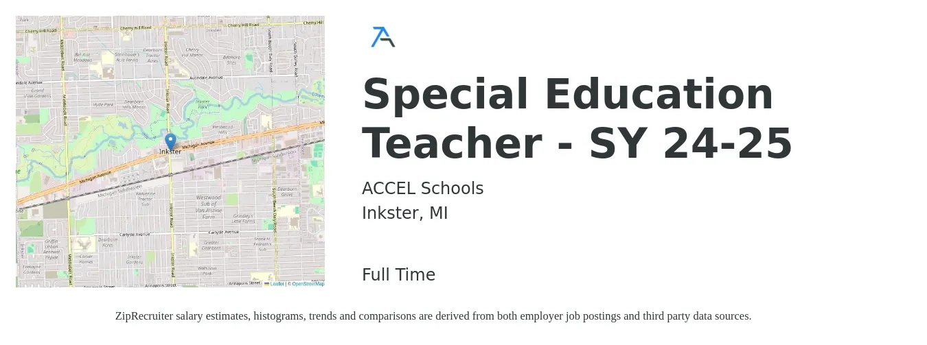 ACCEL Schools job posting for a Special Education Teacher - SY 24-25 in Inkster, MI with a salary of $46,800 to $61,800 Yearly with a map of Inkster location.