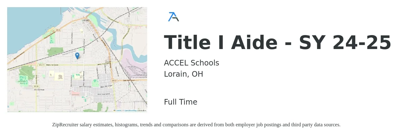 ACCEL Schools job posting for a Title I Aide - SY 24-25 in Lorain, OH with a salary of $13 to $16 Hourly with a map of Lorain location.
