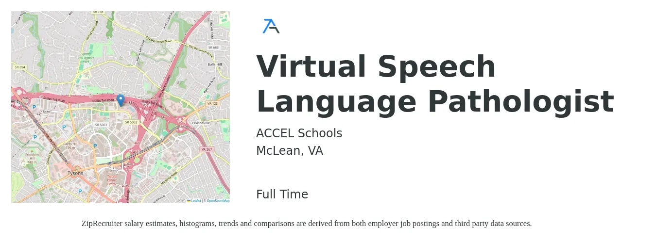 ACCEL Schools job posting for a Virtual Speech Language Pathologist in McLean, VA with a salary of $38 to $54 Hourly with a map of McLean location.