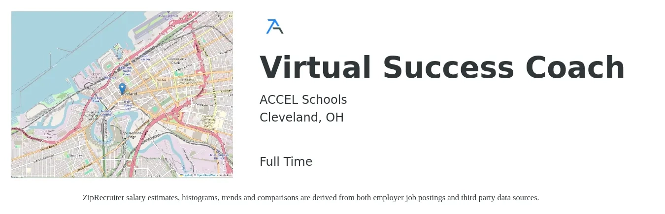 ACCEL Schools job posting for a Virtual Success Coach in Cleveland, OH with a salary of $34,400 to $49,500 Yearly with a map of Cleveland location.