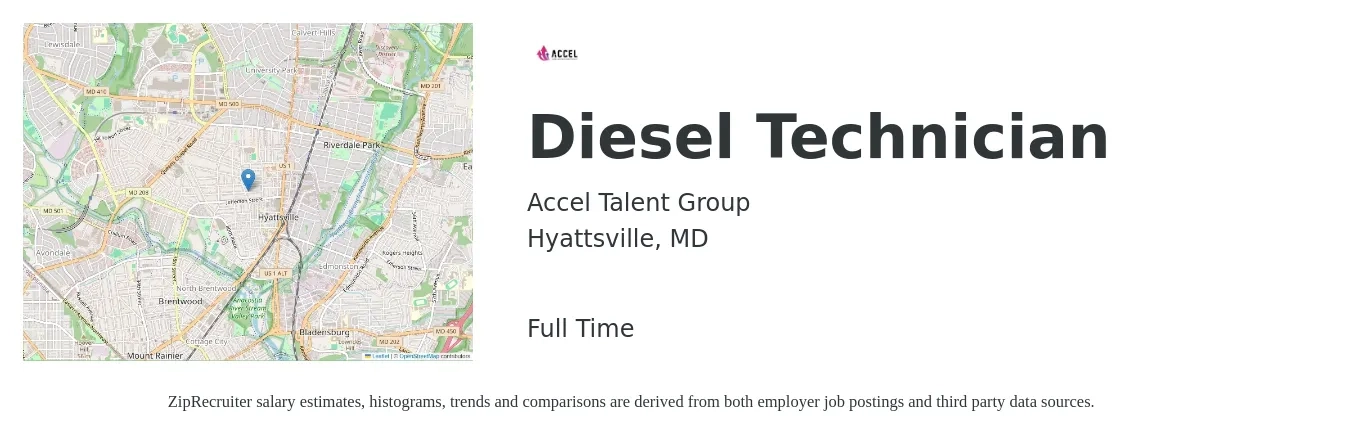 Accel Talent Group job posting for a Diesel Technician in Hyattsville, MD with a salary of $20 to $35 Hourly with a map of Hyattsville location.
