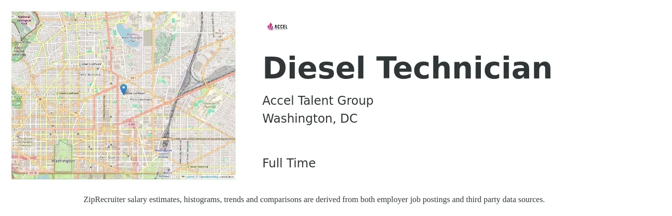 Accel Talent Group job posting for a Diesel Technician in Washington, DC with a salary of $100,000 Yearly with a map of Washington location.