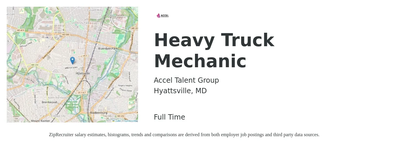 Accel Talent Group job posting for a Heavy Truck Mechanic in Hyattsville, MD with a salary of $20 to $35 Hourly with a map of Hyattsville location.