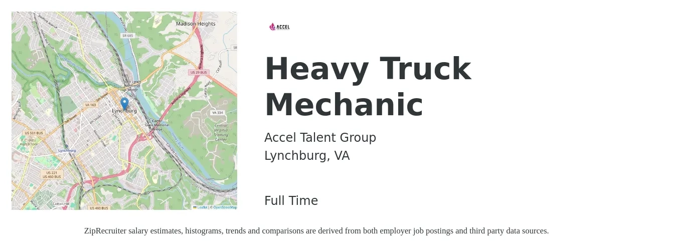 Accel Talent Group job posting for a Heavy Truck Mechanic in Lynchburg, VA with a salary of $20 to $35 Hourly with a map of Lynchburg location.
