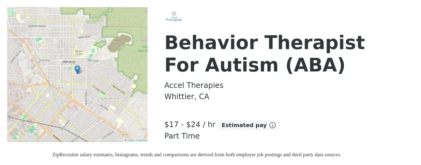 Accel Therapies job posting for a Behavior Therapist For Autism (ABA) in Whittier, CA with a salary of $18 to $25 Hourly with a map of Whittier location.