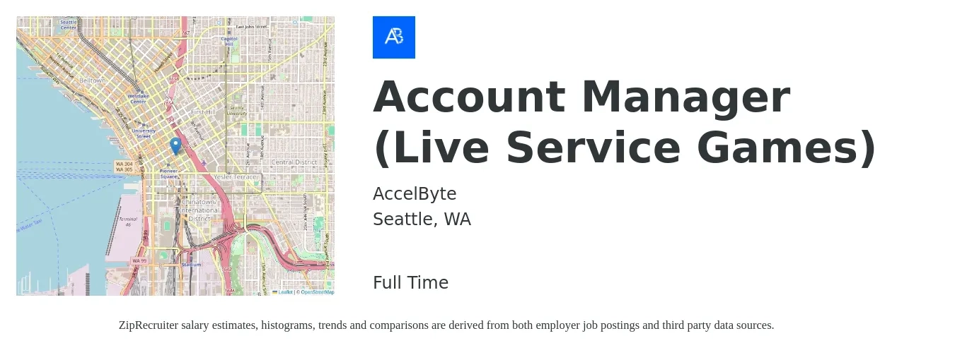 AccelByte job posting for a Account Manager (Live Service Games) in Seattle, WA with a salary of $54,600 to $89,300 Yearly with a map of Seattle location.