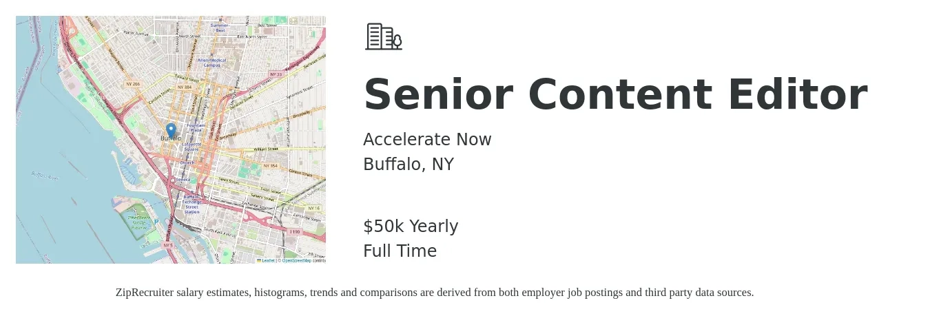Accelerate Now job posting for a Senior Content Editor in Buffalo, NY with a salary of $50,000 Yearly with a map of Buffalo location.
