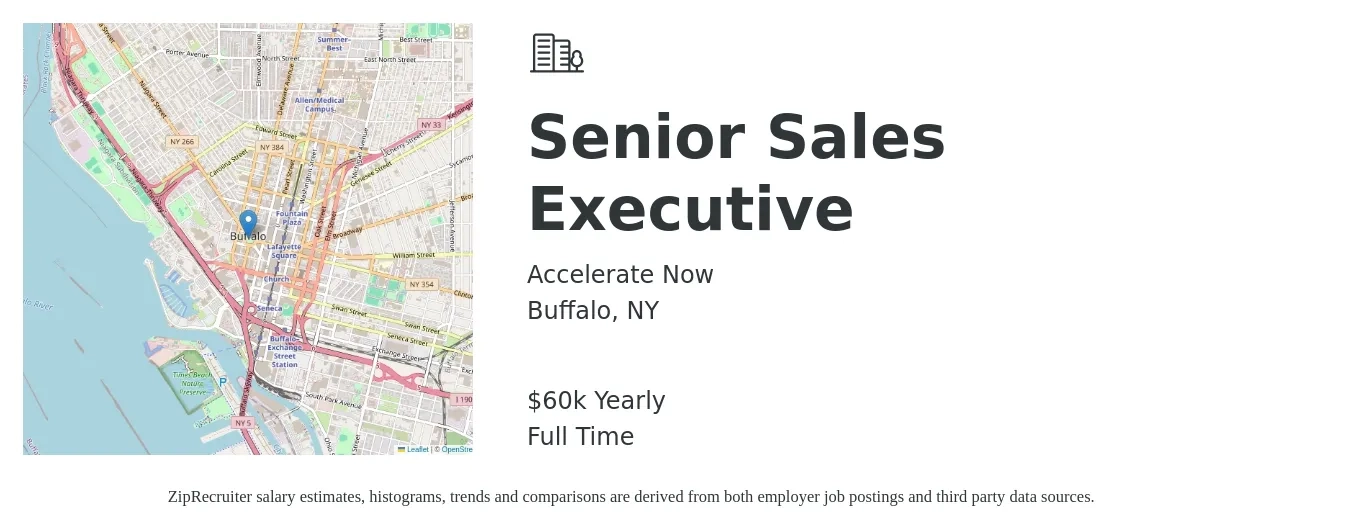 Accelerate Now job posting for a Senior Sales Executive in Buffalo, NY with a salary of $60,000 Yearly with a map of Buffalo location.