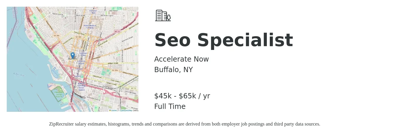 Accelerate Now job posting for a Seo Specialist in Buffalo, NY with a salary of $45,000 to $65,000 Yearly with a map of Buffalo location.