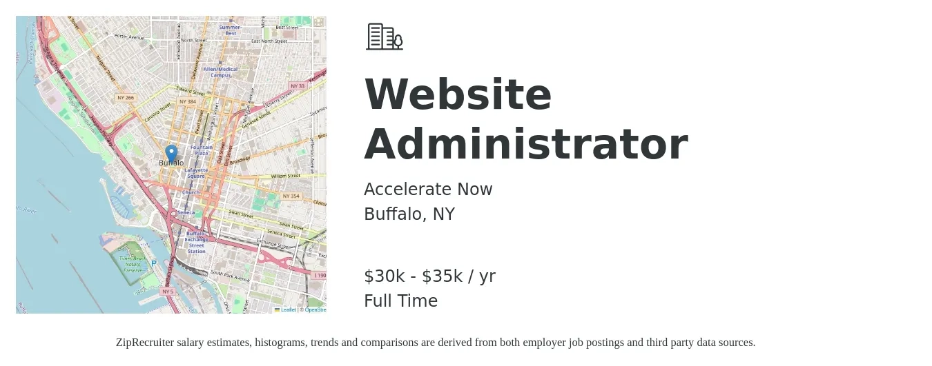 Accelerate Now job posting for a Website Administrator in Buffalo, NY with a salary of $30,000 to $35,000 Yearly with a map of Buffalo location.