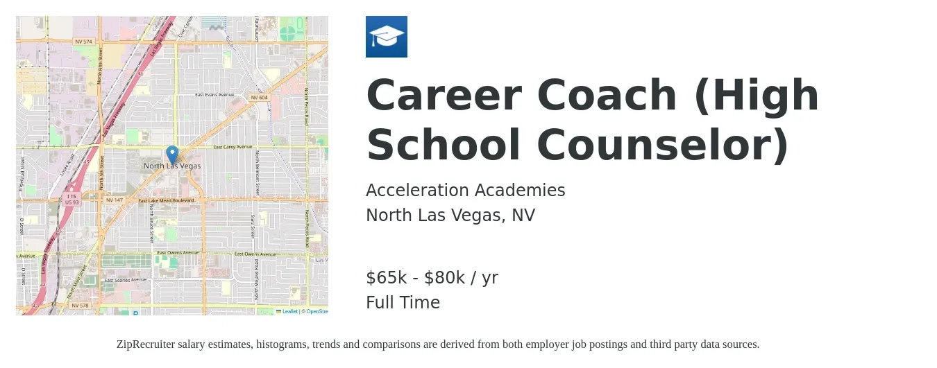 Acceleration Academies job posting for a Career Coach (High School Counselor) in North Las Vegas, NV with a salary of $37,200 to $47,700 Yearly with a map of North Las Vegas location.