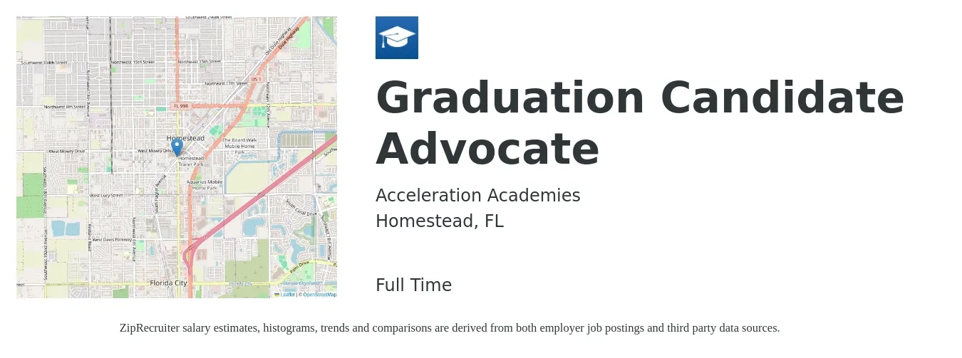 Acceleration Academies job posting for a Graduation Candidate Advocate in Homestead, FL with a salary of $44,000 to $50,000 Yearly with a map of Homestead location.