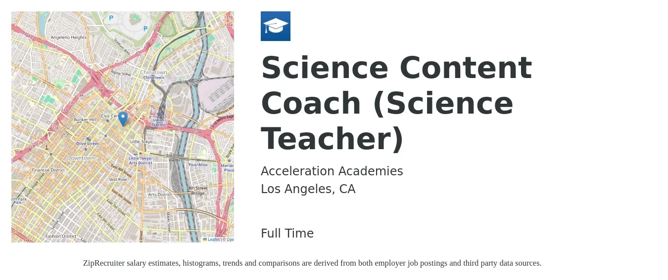 Acceleration Academies job posting for a Science Content Coach (Science Teacher) in Los Angeles, CA with a salary of $68,000 to $85,000 Yearly with a map of Los Angeles location.