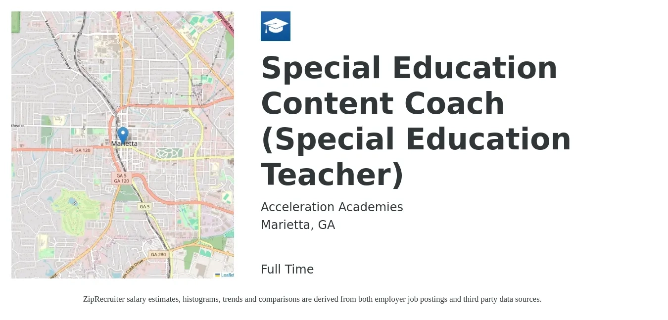 Acceleration Academies job posting for a Special Education Content Coach (Special Education Teacher) in Marietta, GA with a salary of $65,000 to $77,000 Yearly with a map of Marietta location.
