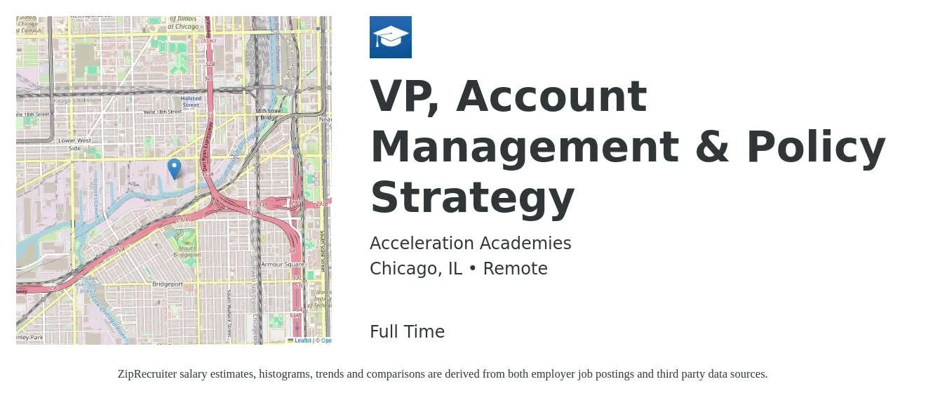 Acceleration Academies job posting for a VP, Account Management & Policy Strategy in Chicago, IL with a salary of $150,000 Yearly with a map of Chicago location.