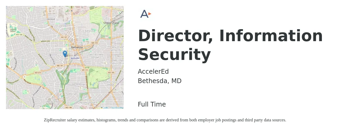 AccelerEd job posting for a Director, Information Security in Bethesda, MD with a salary of $133,400 to $159,600 Yearly with a map of Bethesda location.