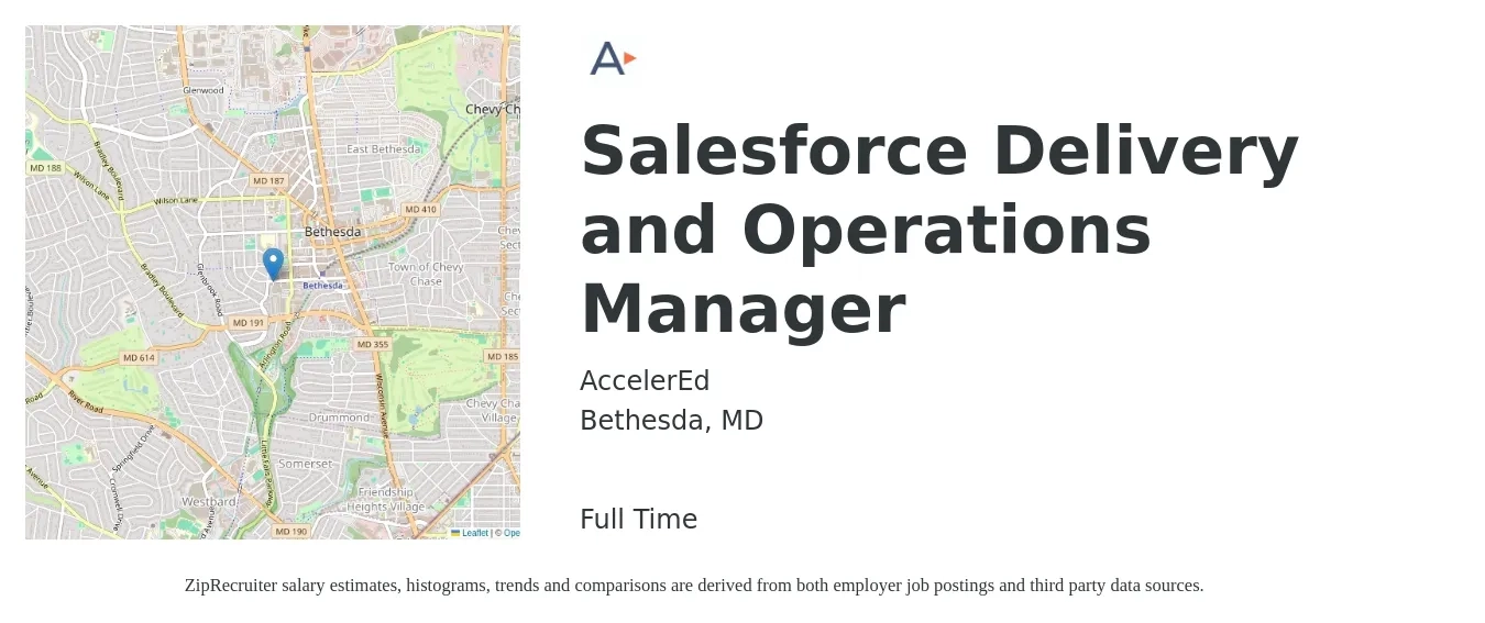 AccelerEd job posting for a Salesforce Delivery and Operations Manager in Bethesda, MD with a salary of $51,800 to $122,700 Yearly with a map of Bethesda location.
