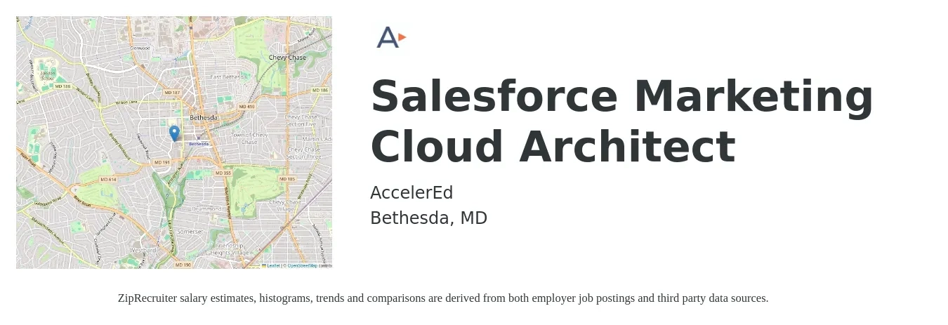 AccelerEd job posting for a Salesforce Marketing Cloud Architect in Bethesda, MD with a salary of $74 to $91 Hourly with a map of Bethesda location.
