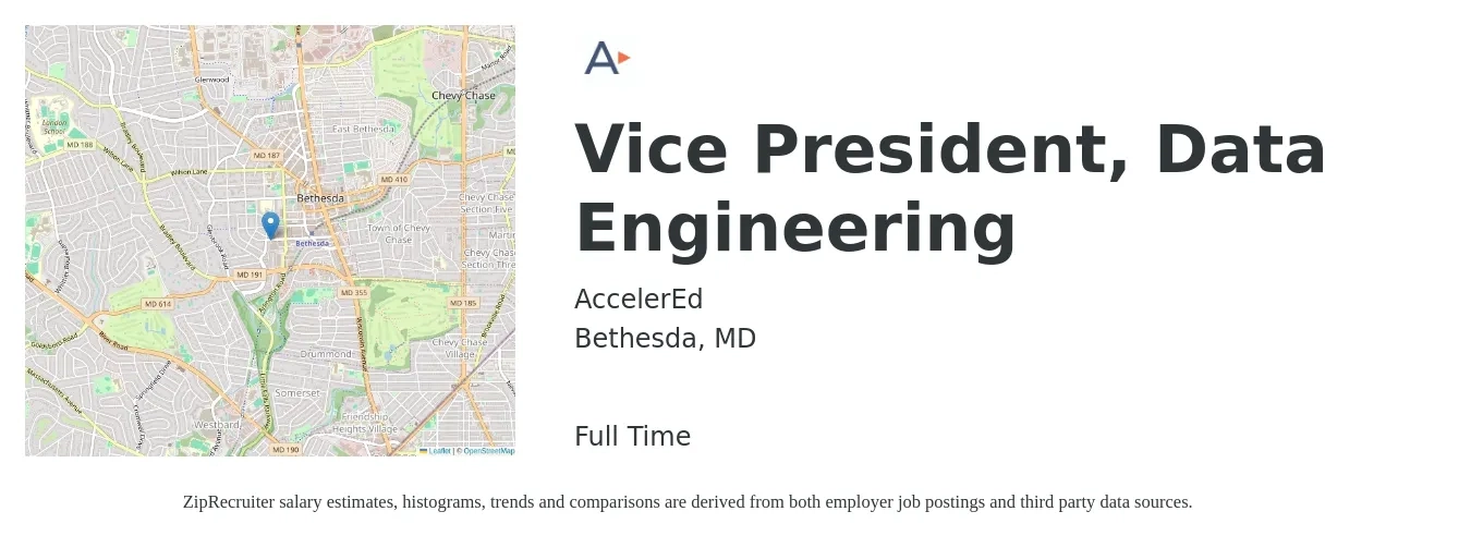 AccelerEd job posting for a Vice President, Data Engineering in Bethesda, MD with a salary of $100,300 to $174,500 Yearly with a map of Bethesda location.