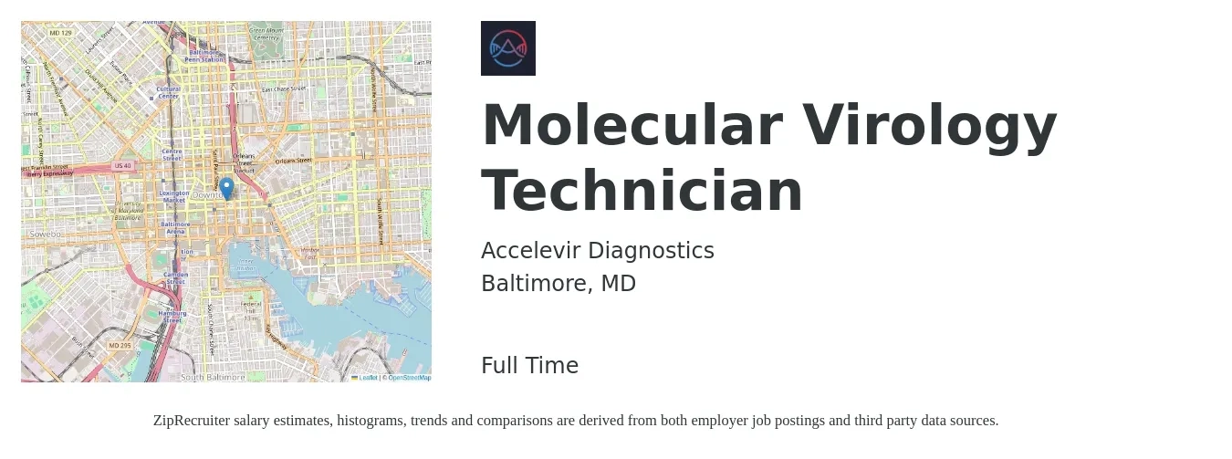 Accelevir Diagnostics job posting for a Molecular Virology Technician in Baltimore, MD with a salary of $18 to $25 Hourly with a map of Baltimore location.