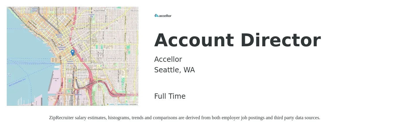 Accellor job posting for a Account Director in Seattle, WA with a salary of $130,000 to $150,000 Yearly with a map of Seattle location.