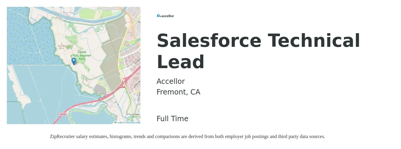Accellor job posting for a Salesforce Technical Lead in Fremont, CA with a salary of $61 to $80 Hourly with a map of Fremont location.