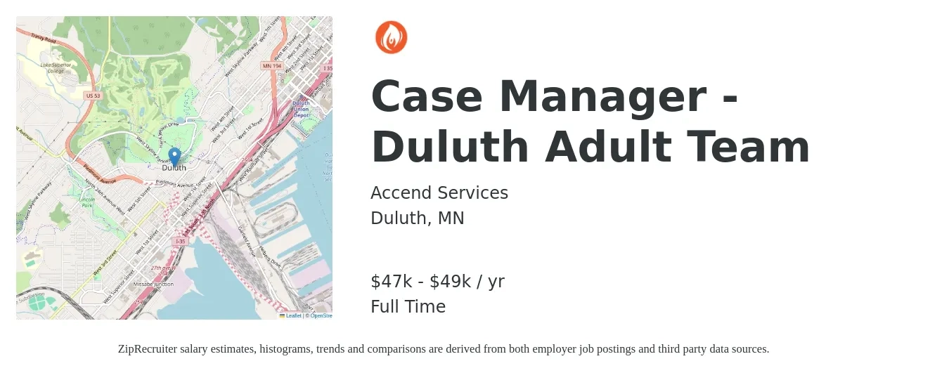 Accend Services job posting for a Case Manager - Duluth Adult Team in Duluth, MN with a salary of $47,840 to $49,920 Yearly with a map of Duluth location.