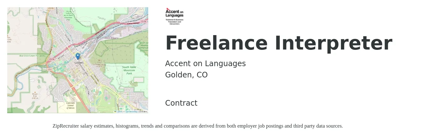 Accent on Languages job posting for a Freelance Interpreter in Golden, CO with a salary of $71,200 Yearly with a map of Golden location.