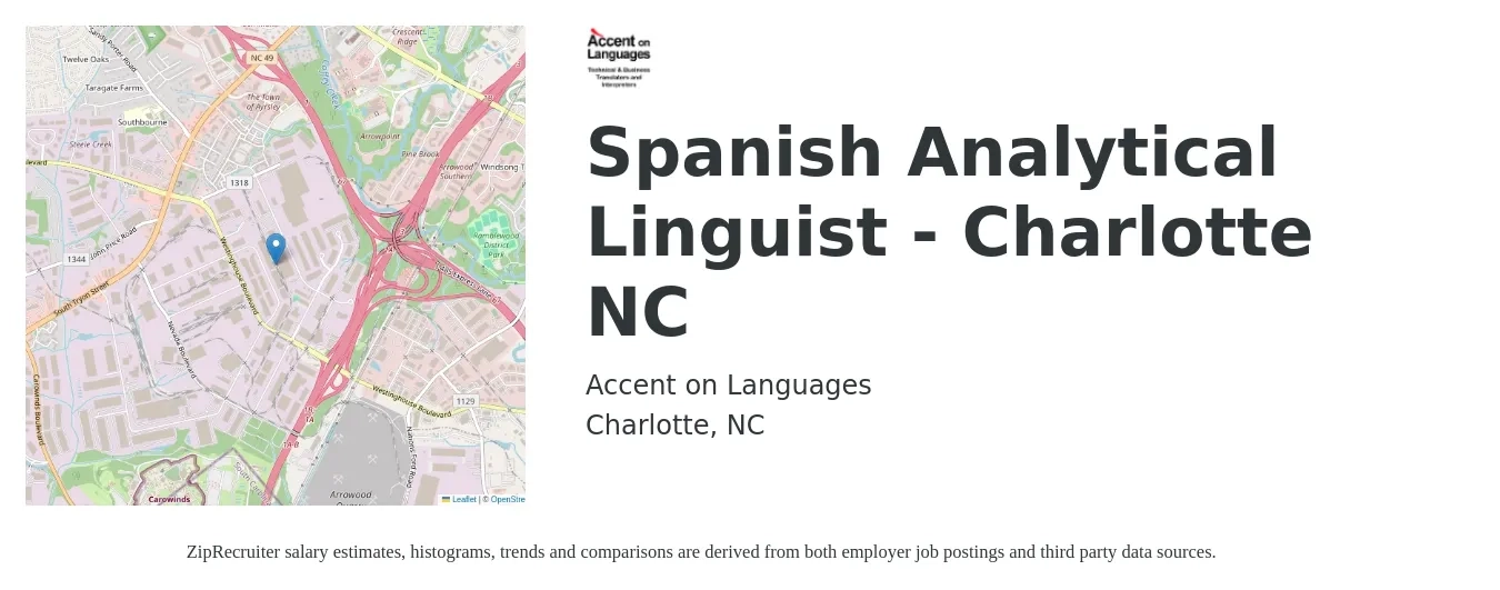 Accent on Languages job posting for a Spanish Analytical Linguist - Charlotte NC in Charlotte, NC with a salary of $30 to $35 Hourly with a map of Charlotte location.