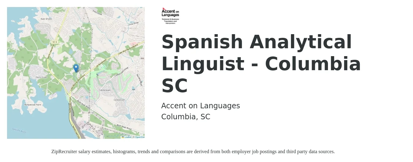 Accent on Languages job posting for a Spanish Analytical Linguist - Columbia SC in Columbia, SC with a salary of $30 to $35 Hourly with a map of Columbia location.