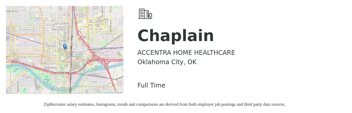 ACCENTRA HOME HEALTHCARE job posting for a Chaplain in Oklahoma City, OK with a salary of $45,900 to $75,700 Yearly with a map of Oklahoma City location.
