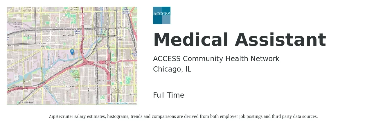 ACCESS Community Health Network job posting for a Medical Assistant in Chicago, IL with a salary of $18 to $24 Hourly with a map of Chicago location.