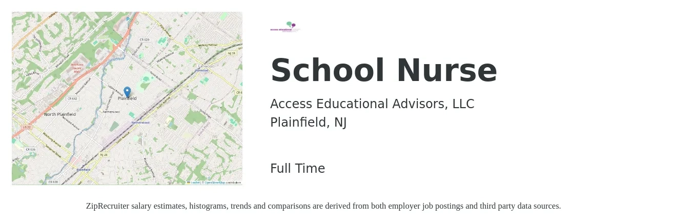 Access Educational Advisors, LLC job posting for a School Nurse in Plainfield, NJ with a salary of $27 to $41 Hourly with a map of Plainfield location.