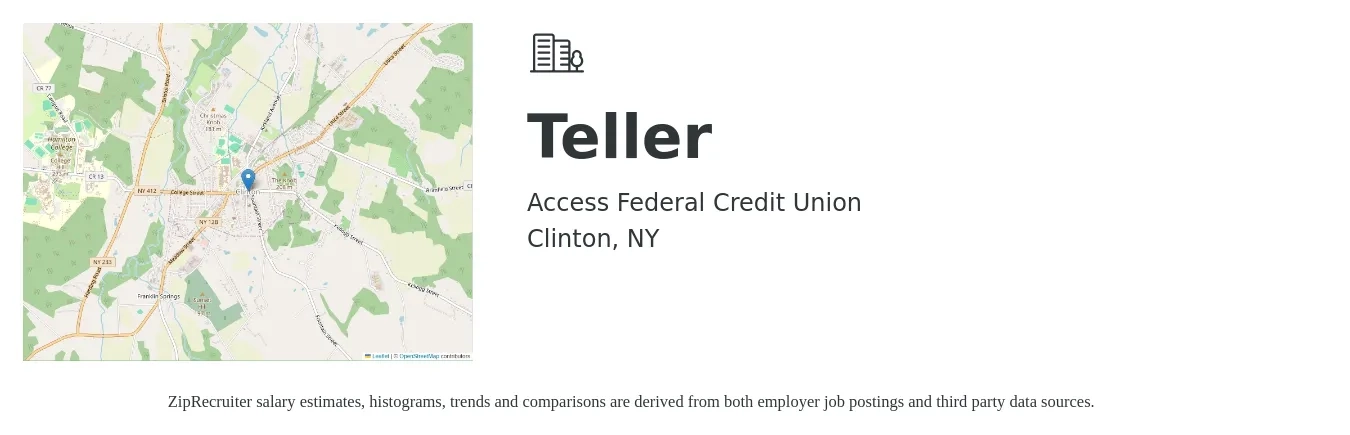 Access Federal Credit Union job posting for a Teller in Clinton, NY with a salary of $16 to $19 Hourly with a map of Clinton location.