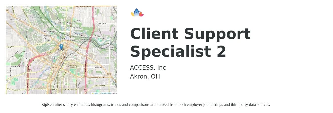 ACCESS, Inc job posting for a Client Support Specialist 2 in Akron, OH with a salary of $14 Hourly with a map of Akron location.