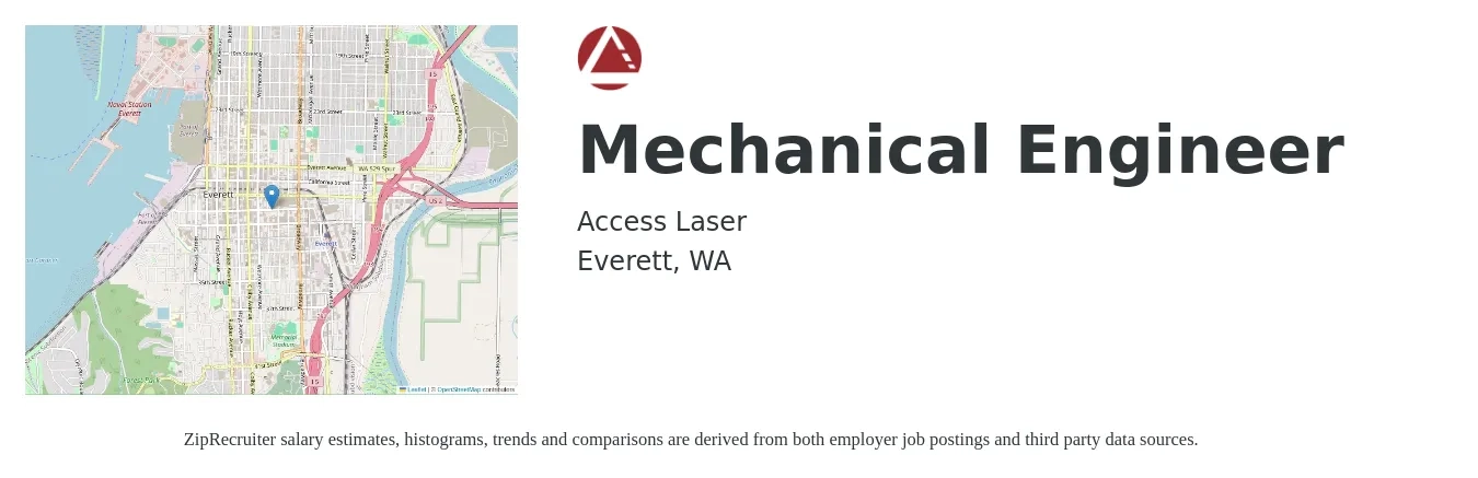 Access Laser job posting for a Mechanical Engineer in Everett, WA with a salary of $100,000 to $135,000 Yearly with a map of Everett location.