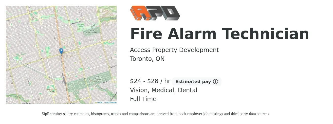 Access Property Development job posting for a Fire Alarm Technician in Toronto, ON with a salary of $25 to $30 Hourly and benefits including vision, dental, and medical with a map of Toronto location.