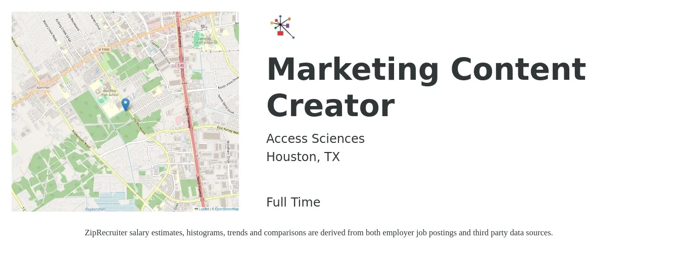 Access Sciences job posting for a Marketing Content Creator in Houston, TX with a salary of $55,400 to $80,300 Yearly with a map of Houston location.