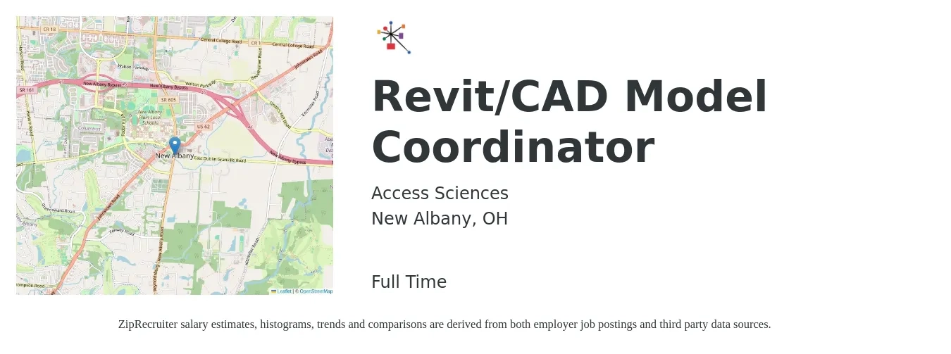 Access Sciences job posting for a Revit/CAD Model Coordinator in New Albany, OH with a salary of $32 to $48 Hourly with a map of New Albany location.