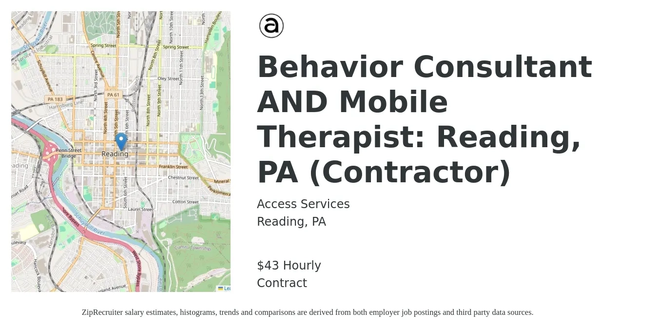 Access Services job posting for a Behavior Consultant AND Mobile Therapist: Reading, PA (Contractor) in Reading, PA with a salary of $45 Hourly with a map of Reading location.