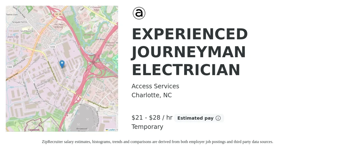 Access Services job posting for a EXPERIENCED JOURNEYMAN ELECTRICIAN in Charlotte, NC with a salary of $22 to $30 Hourly with a map of Charlotte location.