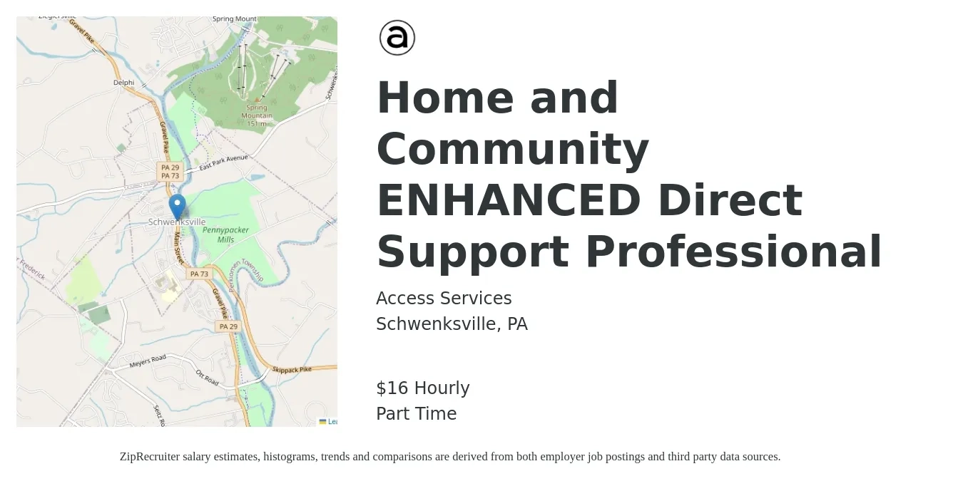 Access Services job posting for a Home and Community ENHANCED Direct Support Professional in Schwenksville, PA with a salary of $17 Hourly with a map of Schwenksville location.