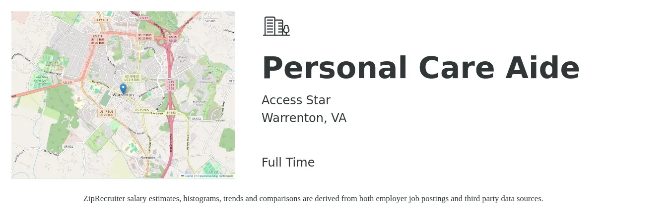 Access Star job posting for a Personal Care Aide in Warrenton, VA with a salary of $13 to $17 Hourly with a map of Warrenton location.