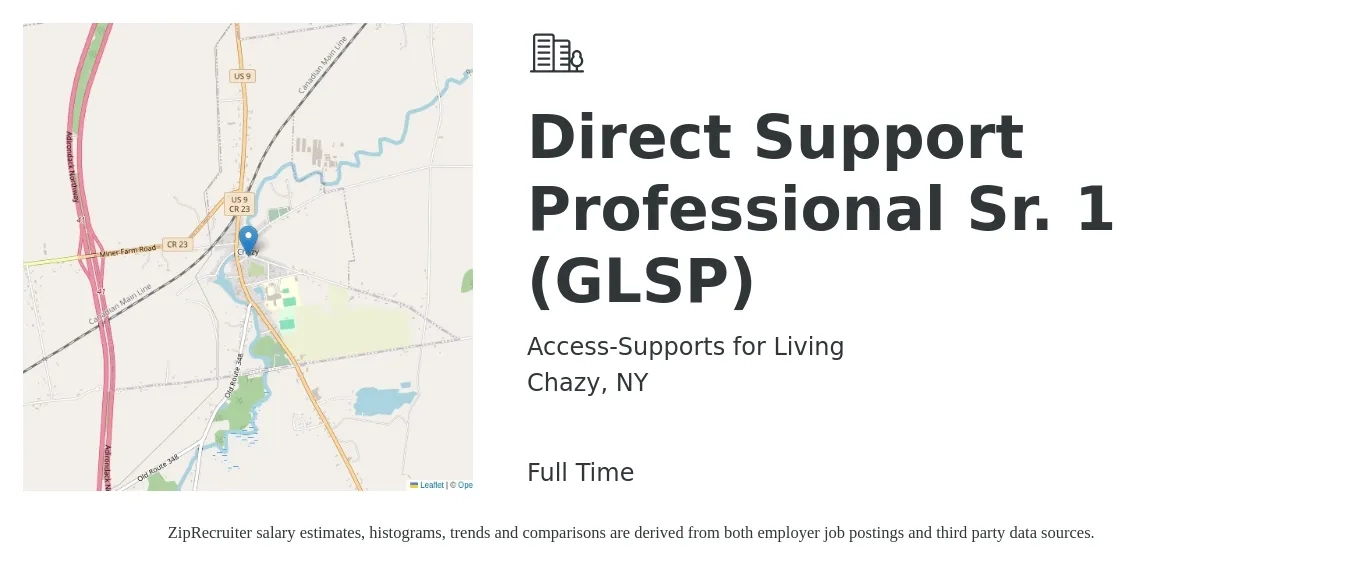 Access-Supports for Living job posting for a Direct Support Professional Sr. 1 (GLSP) in Chazy, NY with a salary of $20 Hourly with a map of Chazy location.